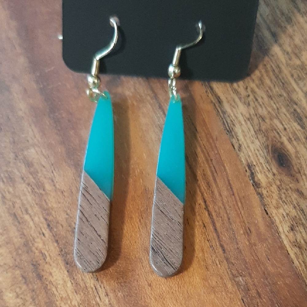 Elegant Teal and Wood Drop Earrings